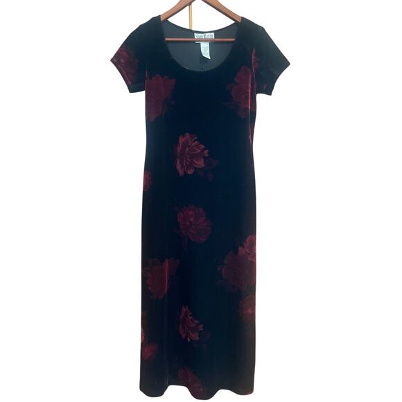 Vintage 90s Stretch Velvet Dress WHIMSIGOTH FAIRY GRUNGE Rose Print M Black - Picture 1 of 7